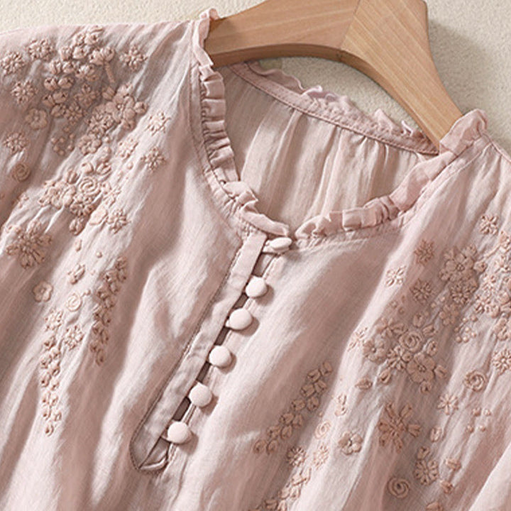 Camicia da donna a maniche corte con sbuffo, motivo floreale ricamato, motivo Buddha Stones, casual e semplice - image 17