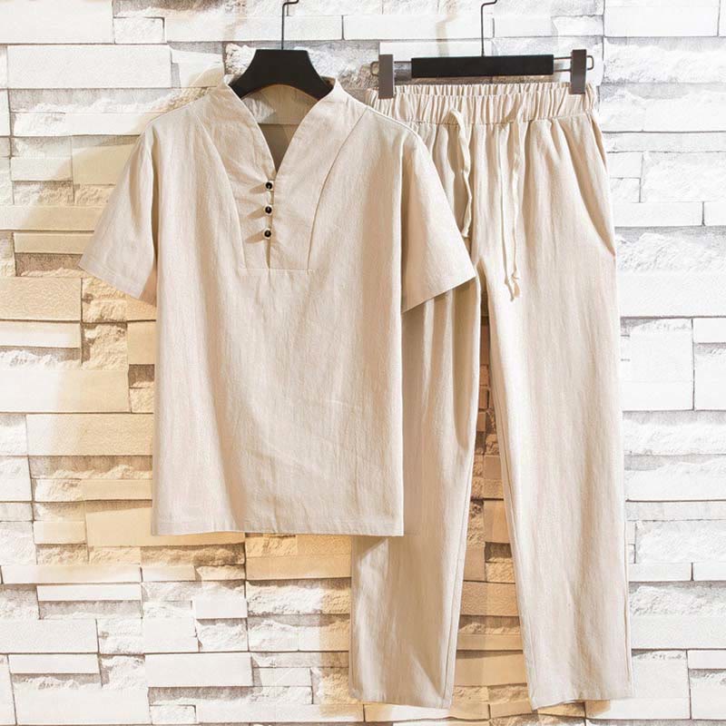 Set da uomo Buddha Stones, 2 pezzi, tinta unita, in cotone, con bottoni, maglietta a maniche corte e pantaloni - Bianco antico - US/UK/AU44, EU54 (5XL) - image 11