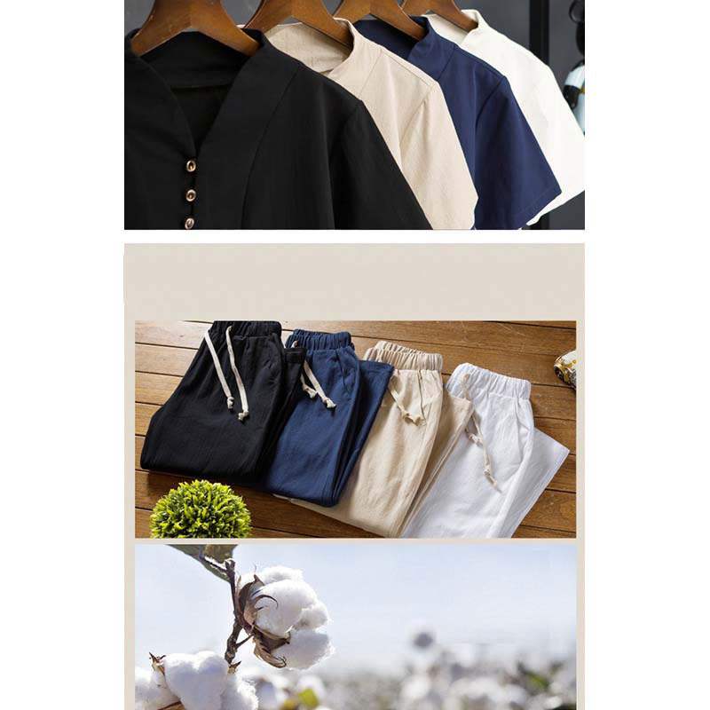 Set da uomo Buddha Stones, 2 pezzi, tinta unita, in cotone, con bottoni, maglietta a maniche corte e pantaloni - image 14