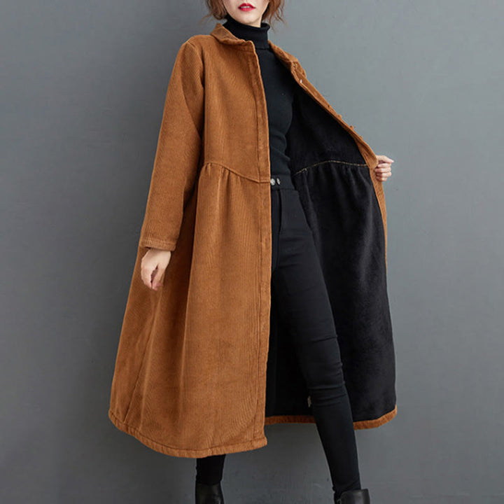 Cappotto da donna in velluto a coste di cotone con fodera in pile, maniche lunghe, bottoni semplici, Buddha Stones, con tasche - image 21