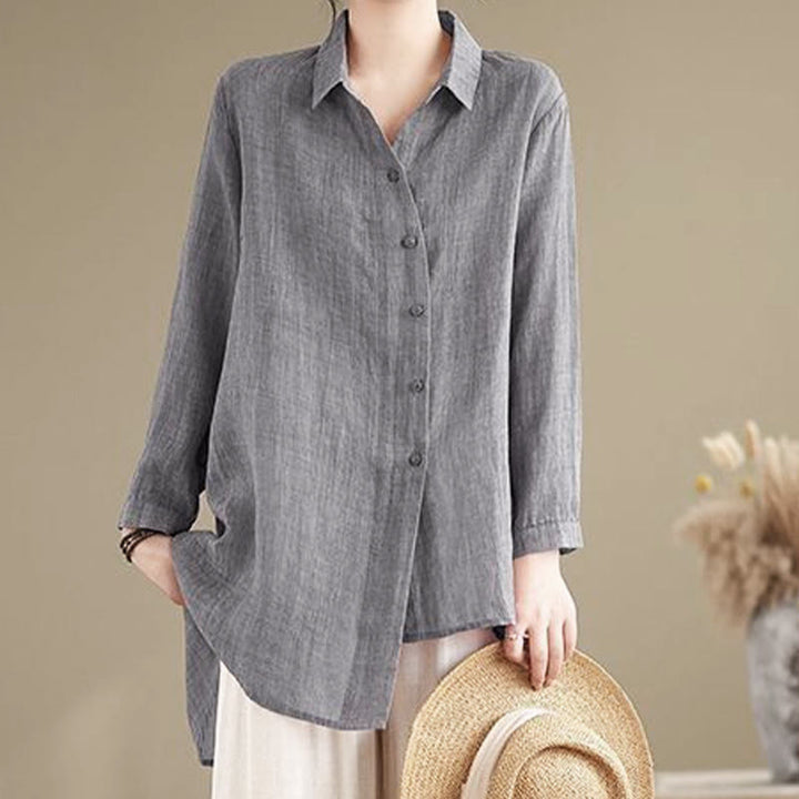 Camicia da donna in cotone a maniche lunghe con bottoni dal design irregolare Buddha Stones - image 3