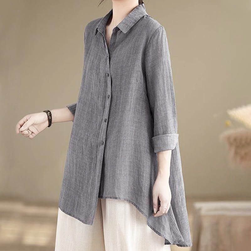 Camicia da donna in cotone a maniche lunghe con bottoni dal design irregolare Buddha Stones - Grigio - US12, UK/AU16, EU44 (3XL) - image 0