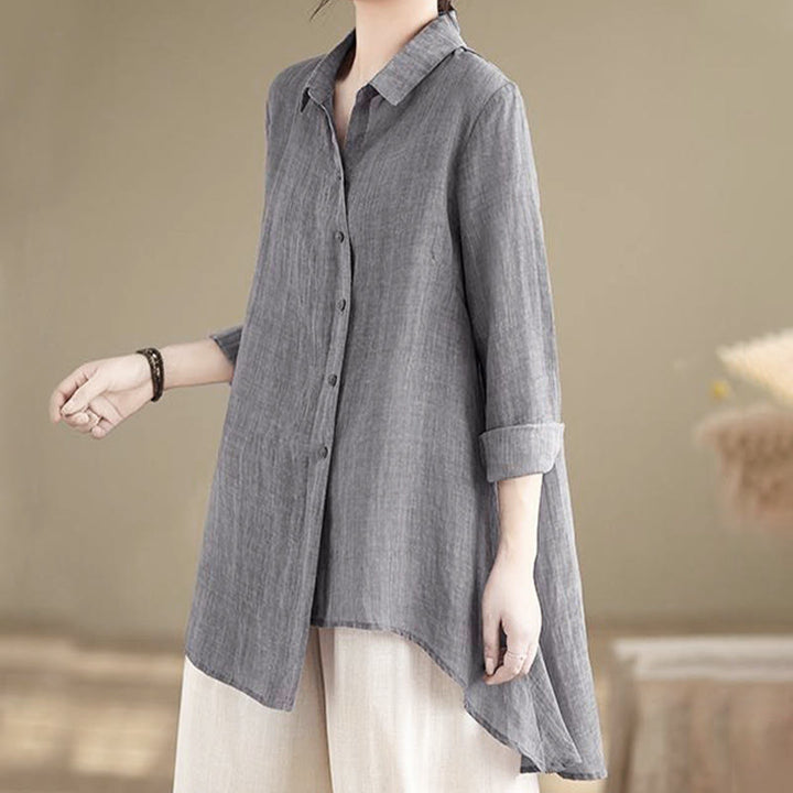 Camicia da donna in cotone a maniche lunghe con bottoni dal design irregolare Buddha Stones - Grigio - US12, UK/AU16, EU44 (3XL) - image 0