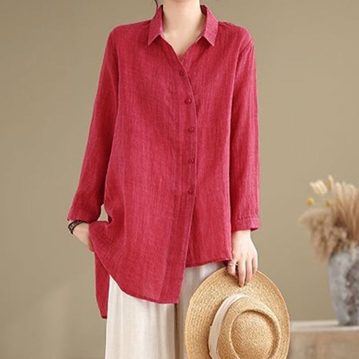 Camicia da donna in cotone a maniche lunghe con bottoni dal design irregolare Buddha Stones - image 15