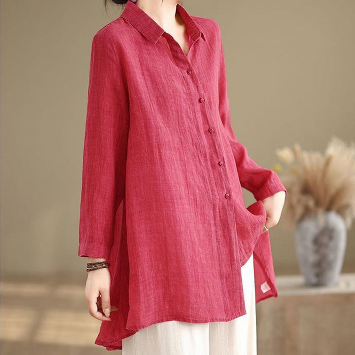 Camicia da donna in cotone a maniche lunghe con bottoni dal design irregolare Buddha Stones - image 9