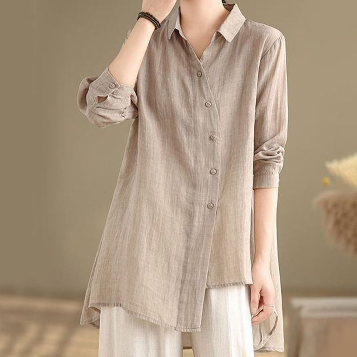 Camicia da donna in cotone a maniche lunghe con bottoni dal design irregolare Buddha Stones - image 23