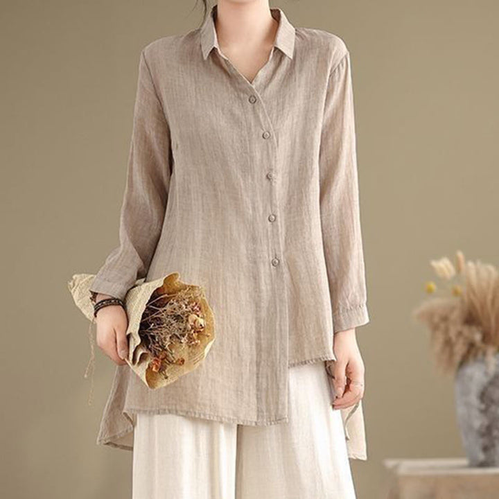 Camicia da donna in cotone a maniche lunghe con bottoni dal design irregolare Buddha Stones - image 24