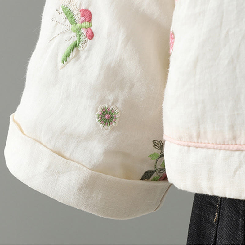 Giacca imbottita in cotone a maniche lunghe con ricamo floreale Buddha Stones da donna e tasche - image 9