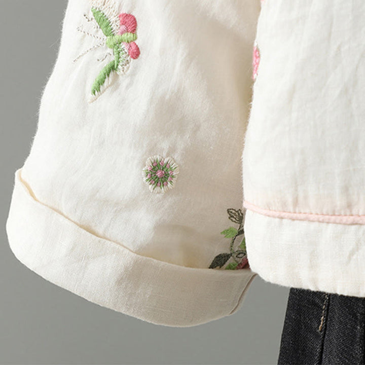 Giacca imbottita in cotone a maniche lunghe con ricamo floreale Buddha Stones da donna e tasche - image 9