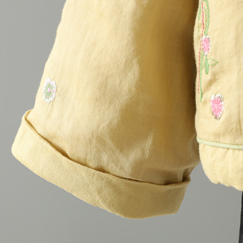 Giacca imbottita in cotone a maniche lunghe con ricamo floreale Buddha Stones da donna e tasche - image 15