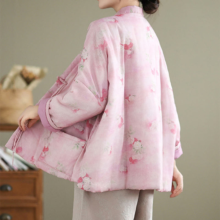 Giacca imbottita in cotone a maniche lunghe con tasche, stampa fiori e Buddha Stones da donna - image 5