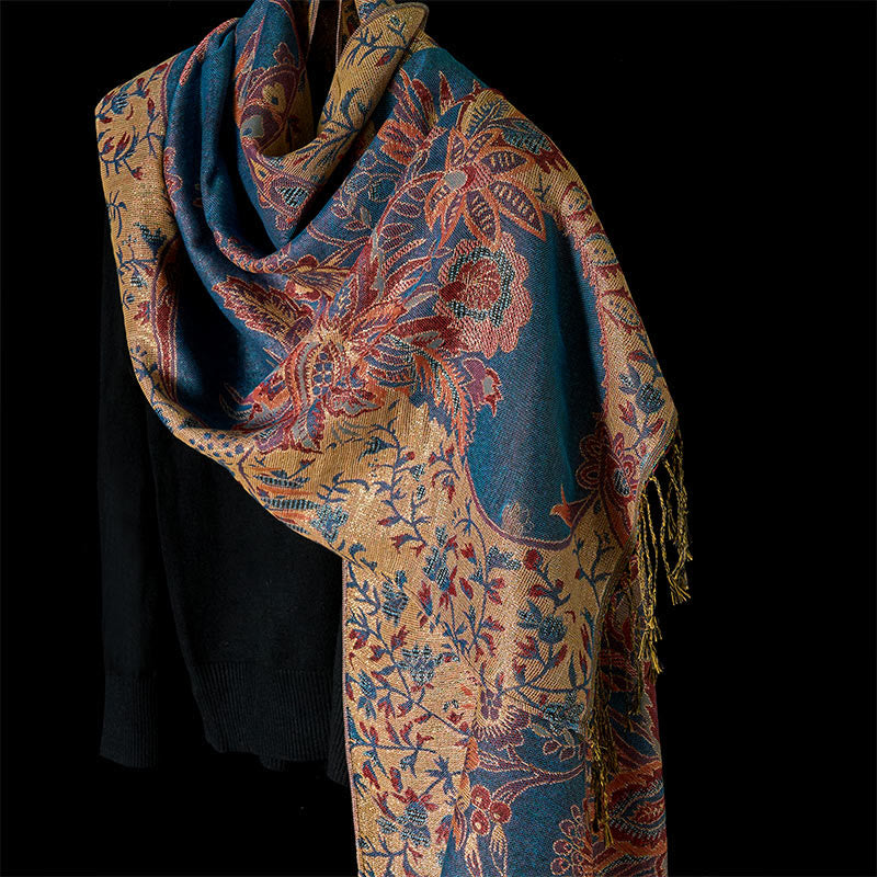 Sciarpa morbida con motivo a nappa, Buddha Stones , motivo a fiori rossi primaverili, foglie e viticci - SteelBlue - 180*70cm - image 0