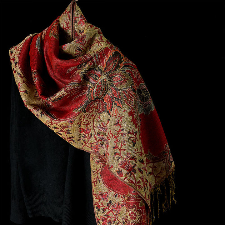 Sciarpa morbida con motivo a nappa, Buddha Stones , motivo a fiori rossi primaverili, foglie e viticci - Rosso - 180*70cm - image 6