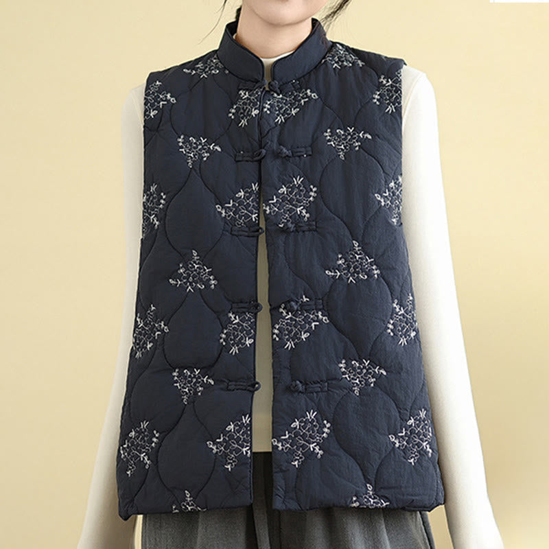 Gilet da donna in cotone senza maniche con bottoni a forma di rana ricamati con Buddha Stones e tasche - image 8