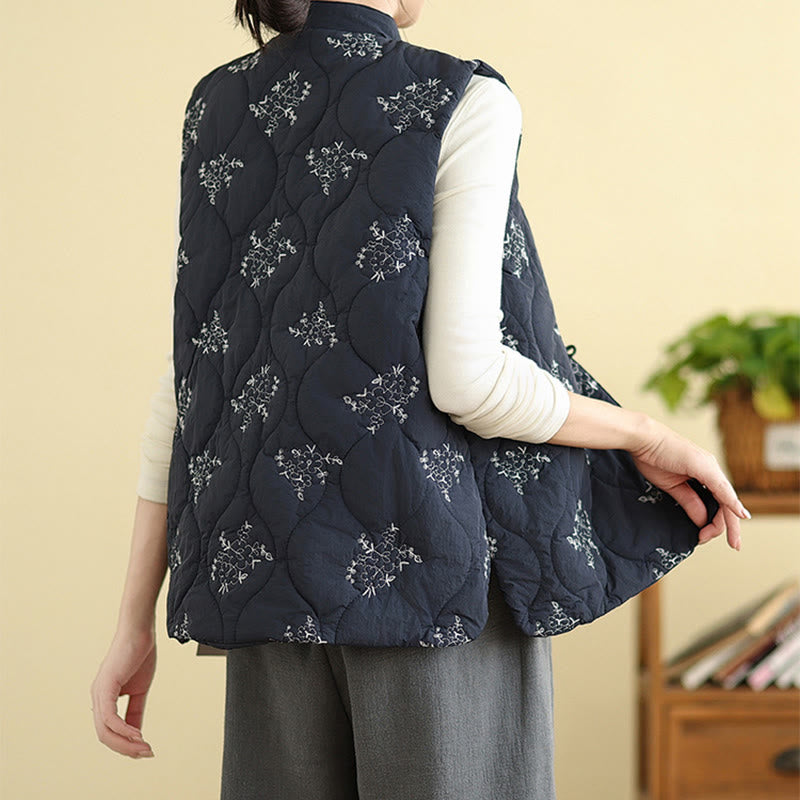 Gilet da donna in cotone senza maniche con bottoni a forma di rana ricamati con Buddha Stones e tasche - image 4