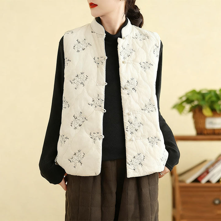 Gilet da donna in cotone senza maniche con bottoni a forma di rana ricamati con Buddha Stones e tasche - Avorio - US8-10, UK/AU12-14, EU40-42 (2XL) - image 10