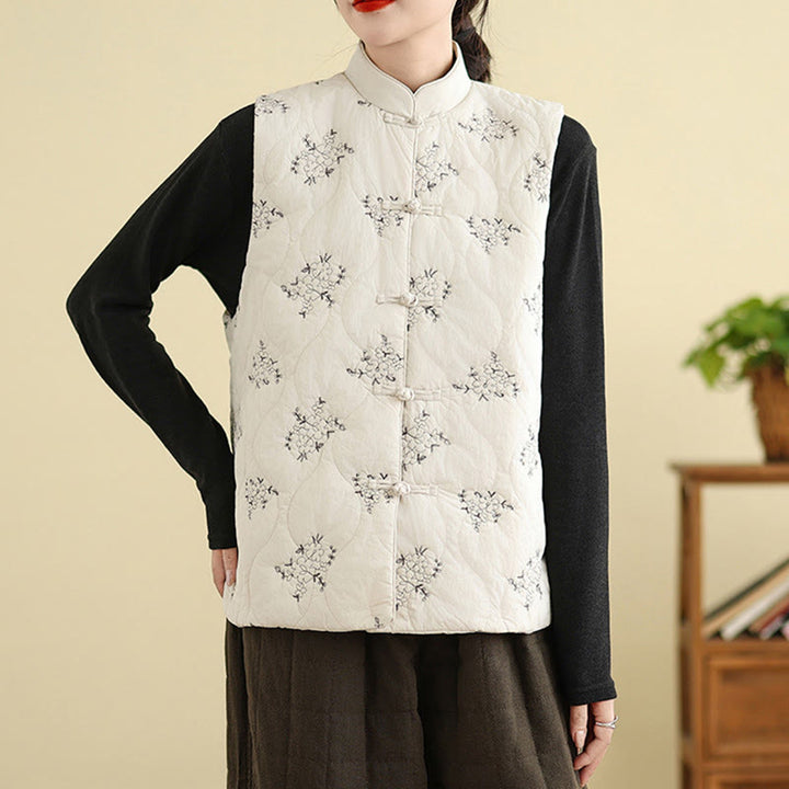 Gilet da donna in cotone senza maniche con bottoni a forma di rana ricamati con Buddha Stones e tasche - image 14