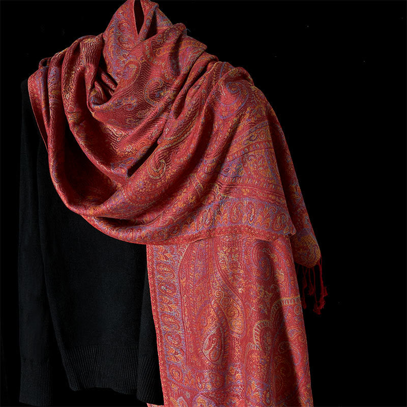 Sciarpa scialle con motivo a strisce di fiori di anacardi primaverili Buddha Stones - IndianRed - 178*70cm - image 0