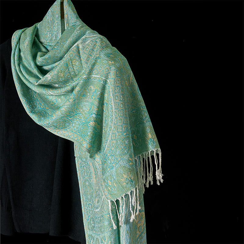 Sciarpa scialle con nappa e motivo geometrico jacquard, motivo a fiore di anacardio verde primavera di Buddha Stones - Verde chiaro - 184*71 cm - image 0