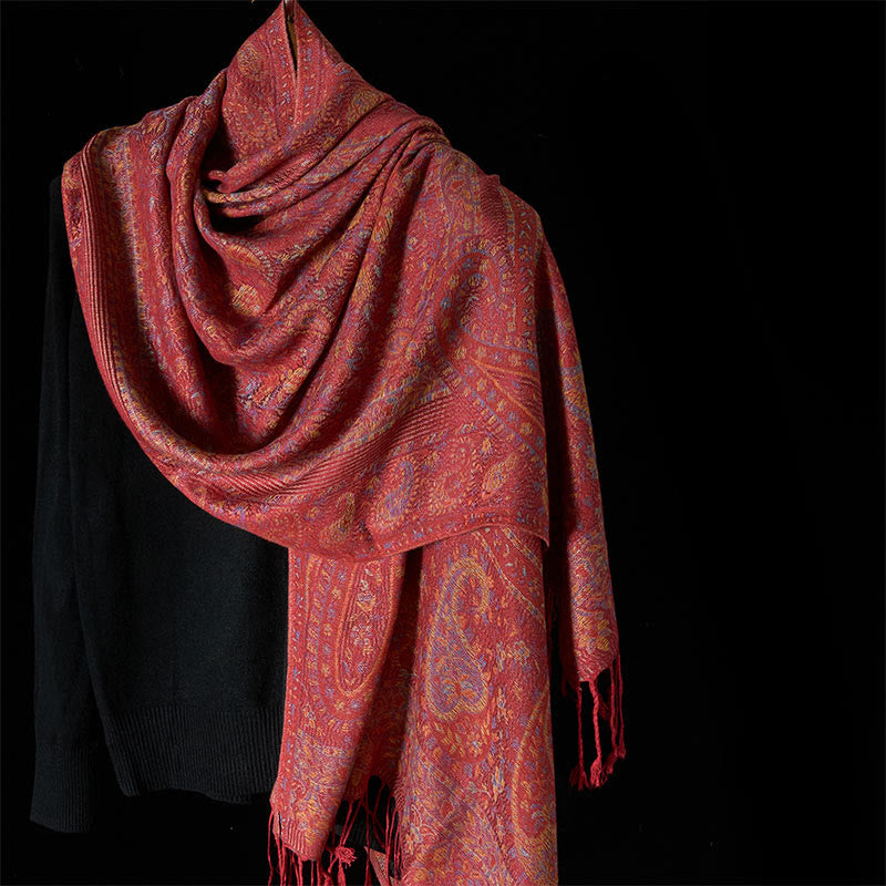 Sciarpa scialle con nappa e motivo geometrico a righe, motivo a fiori di anacardi, Buddha Stones, primavera, rosso e rosa - Pomodoro - 170*70cm - image 0