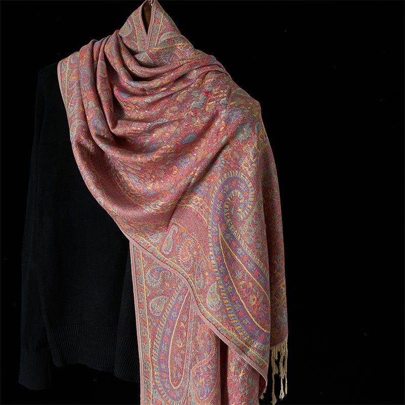 Sciarpa scialle con nappa e motivo geometrico a righe, motivo a fiori di anacardi, Buddha Stones, primavera, rosso e rosa - Rosa chiaro - 170*70 cm - image 5