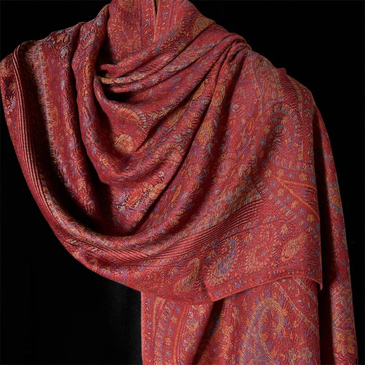 Sciarpa scialle con nappa e motivo geometrico a righe, motivo a fiori di anacardi, Buddha Stones, primavera, rosso e rosa - image 3