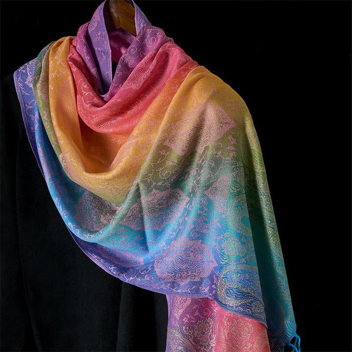Sciarpa/stola accogliente con nappe e motivo floreale di anacardi Buddha Stones, con sfumatura colorata primaverile. - LemonChiffon - 180 cm - image 0