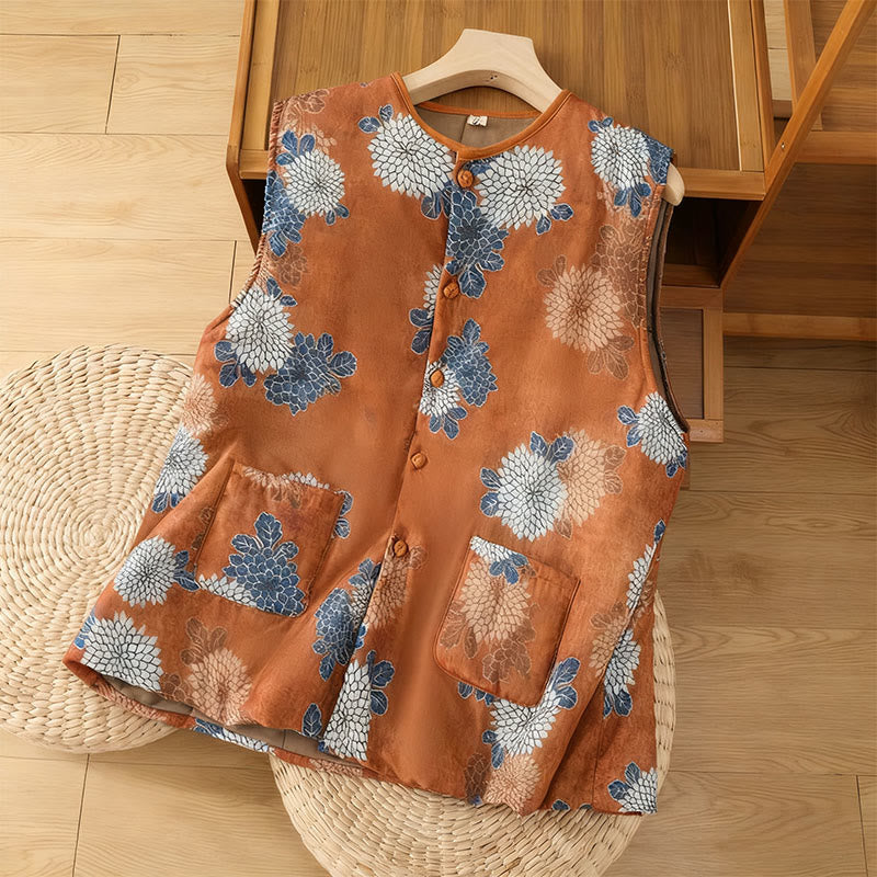 Gilet da donna in cotone senza maniche con stampe floreali, bottoni e tasche, Buddha Stones - Cioccolato - US4, UK/AU8, EU36 (F) - image 0