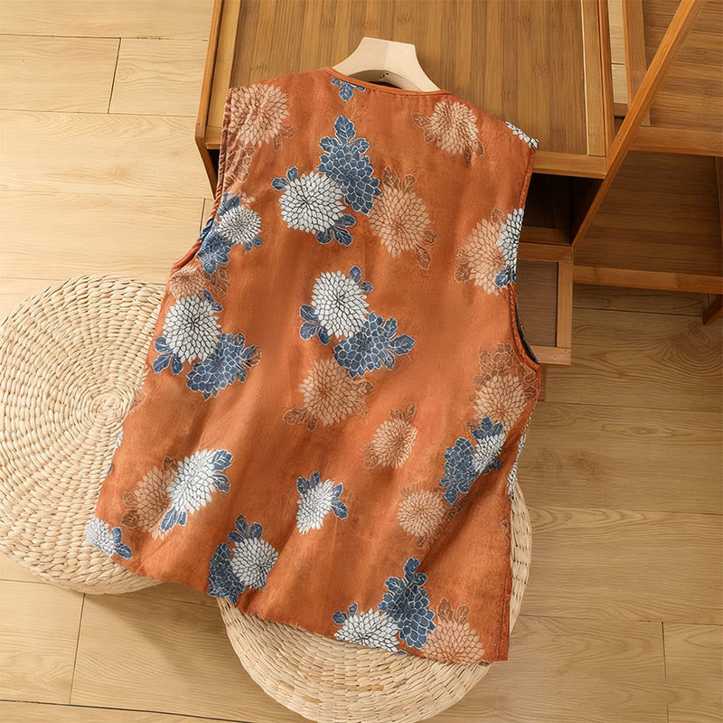 Gilet da donna in cotone senza maniche con stampe floreali, bottoni e tasche, Buddha Stones - image 1