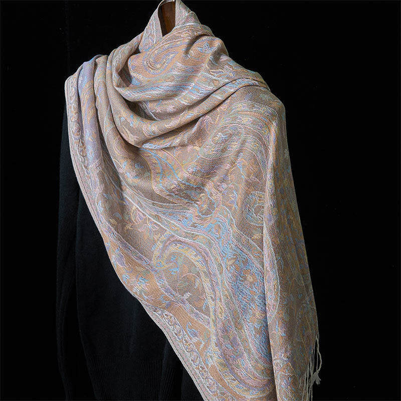 Buddha Stones, primavera, fiori di anacardi, foglie, viticci, motivo geometrico, nappa, sciarpa morbida, scialle - Beige - 178*71cm - image 6