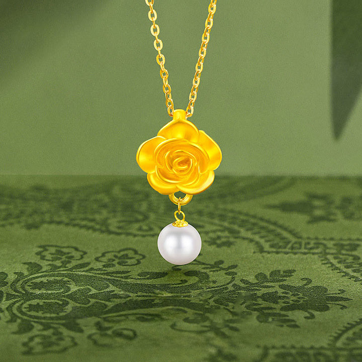 Collana con ciondolo curativo in perle di camelia placcate in oro e argento sterling 999 Buddha Stones - image 2
