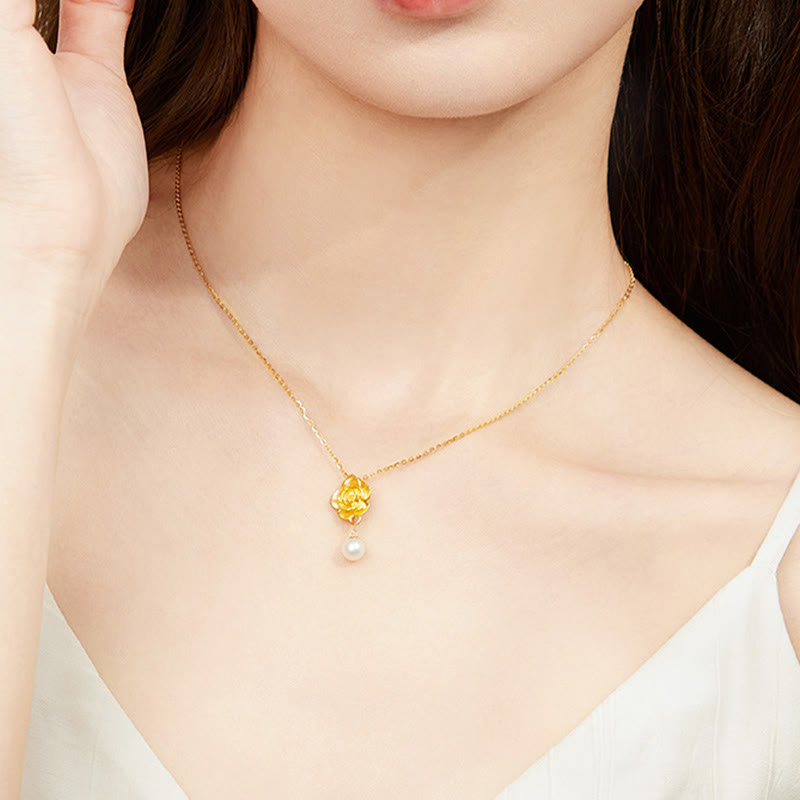 Collana con ciondolo curativo in perle di camelia placcate in oro e argento sterling 999 Buddha Stones - image 7