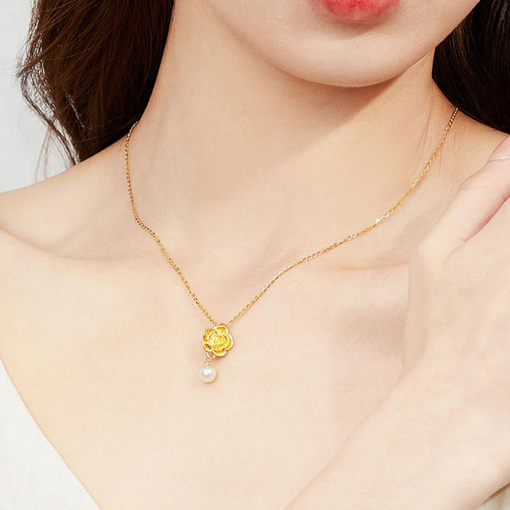 Collana con ciondolo curativo in perle di camelia placcate in oro e argento sterling 999 Buddha Stones - image 4