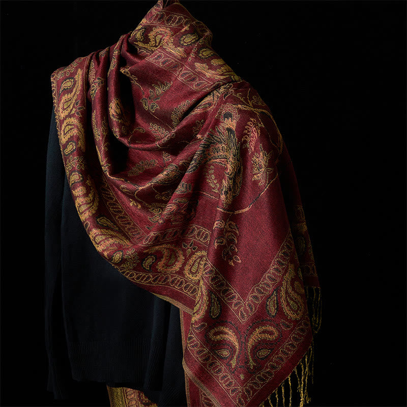Sciarpa morbida con nappa e scialle, motivo floreale con fiori di anacardi e foglie, motivo Buddha Stones Spring Maroon - Marrone 180*70cm - image 0