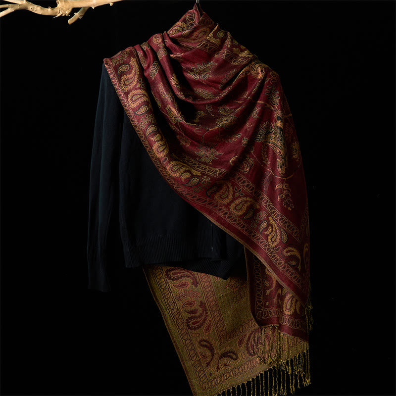 Sciarpa morbida con nappa e scialle, motivo floreale con fiori di anacardi e foglie, motivo Buddha Stones Spring Maroon - image 1