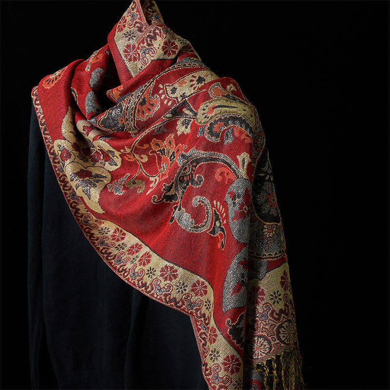 Sciarpa scialle con nappa e motivo geometrico floreale Buddha Stones anacardi primaverili - Rosso - 176*70cm - image 0