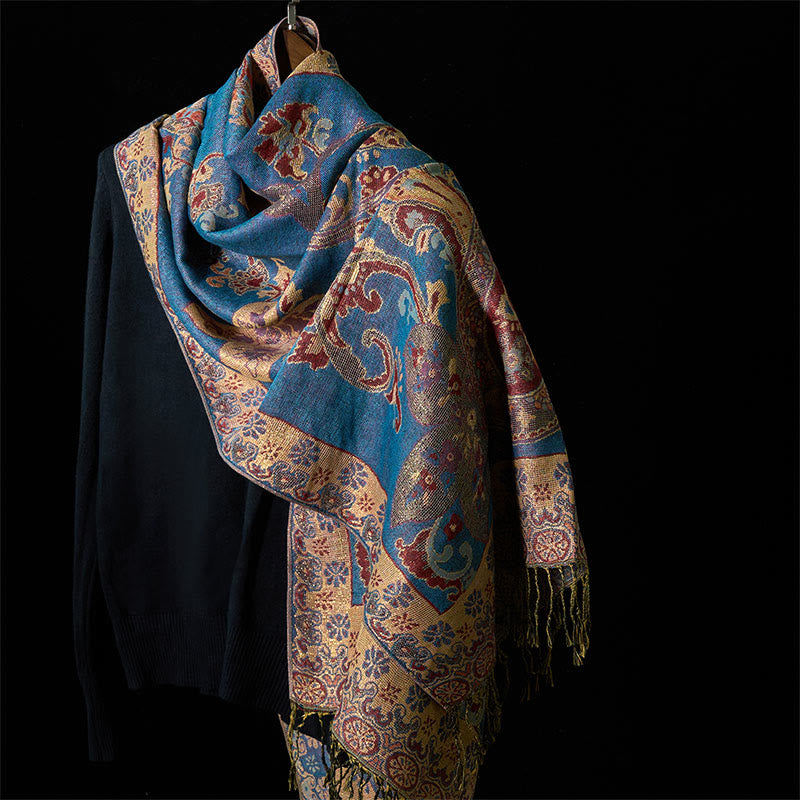 Sciarpa scialle con nappa e motivo geometrico floreale Buddha Stones anacardi primaverili - Blu fiordaliso - 176*70 cm - image 6