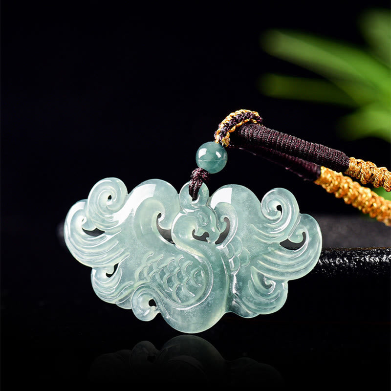 Collana con ciondolo a corda in giada cinese con fenice e pietre Buddha Stones - image 1