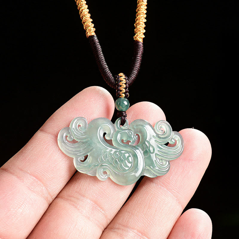 Collana con ciondolo a corda in giada cinese con fenice e pietre Buddha Stones - image 2