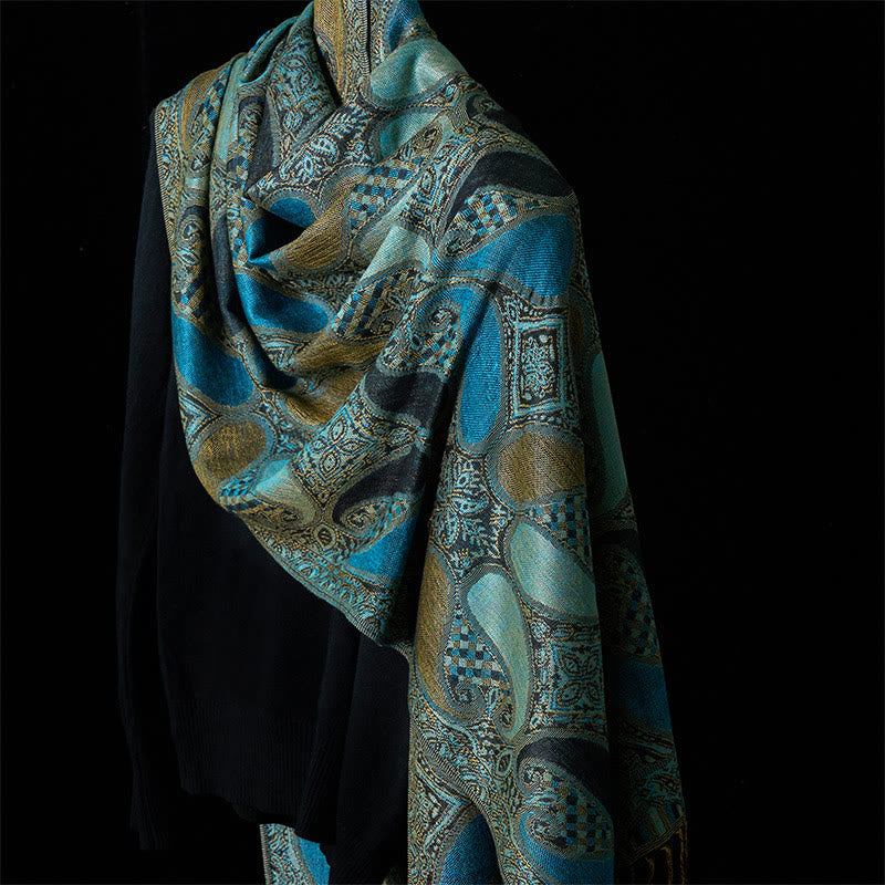 Sciarpa scialle con nappa e motivo geometrico a fiori di anacardi autunnali Buddha Stones - CadetBlue - 175*70CM - image 0