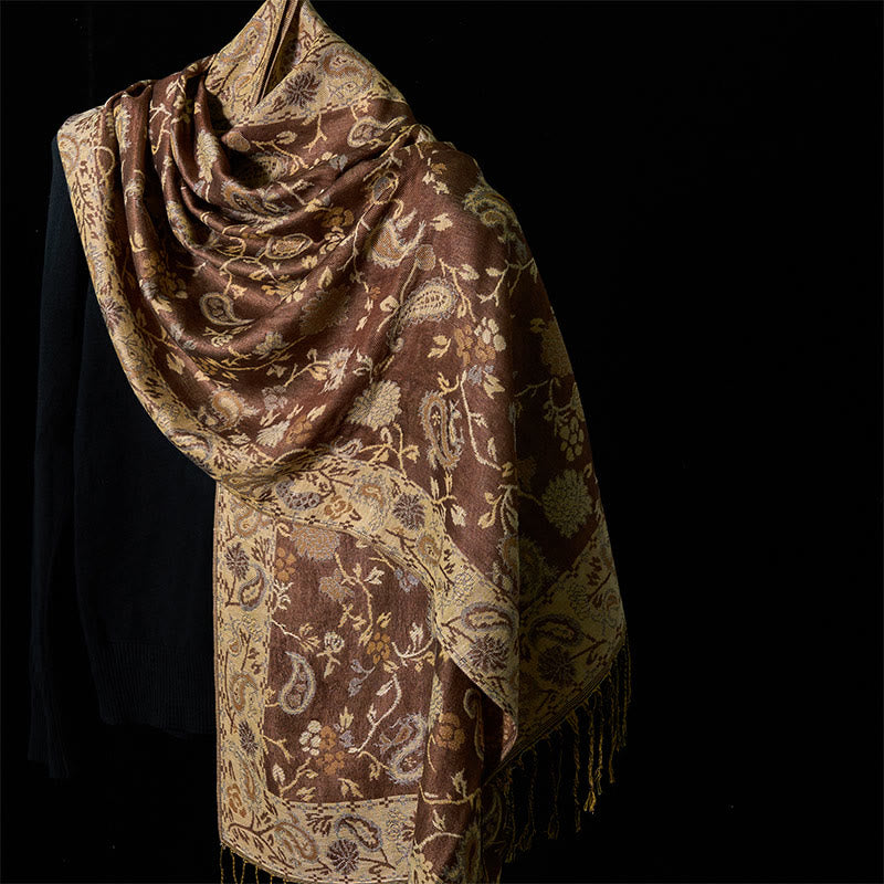 Sciarpa morbida con nappa e motivo floreale a fiori di anacardio primaverile Buddha Stones - Verga d'oro scura 180*70 cm - image 0