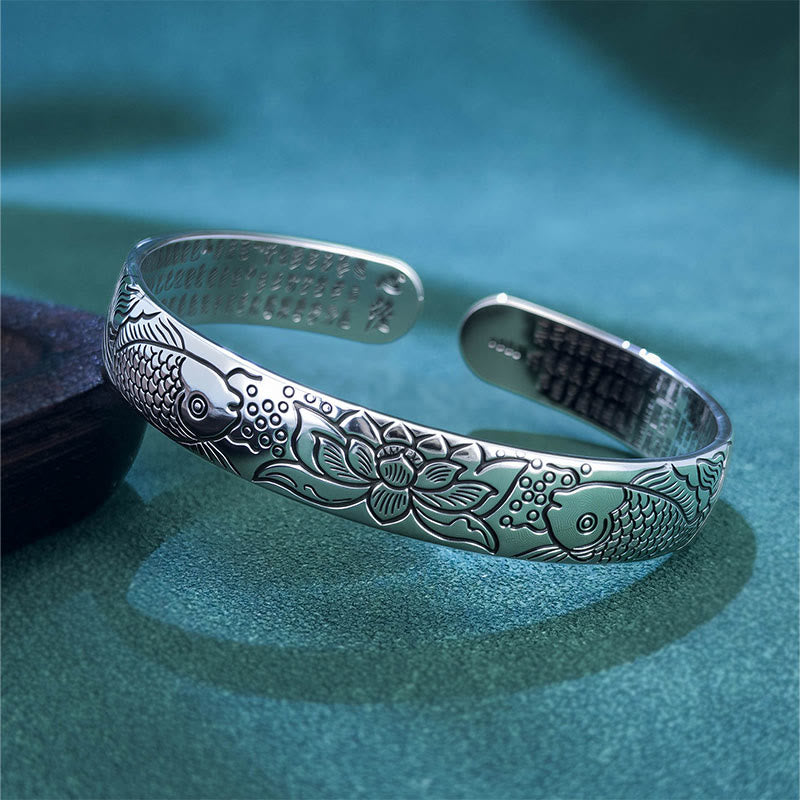 Bracciale rigido regolabile aperto Buddha Stones, cuore, sutra, pesce koi, loto, rame, ricchezza - Pesci Koi e Loto - image 0
