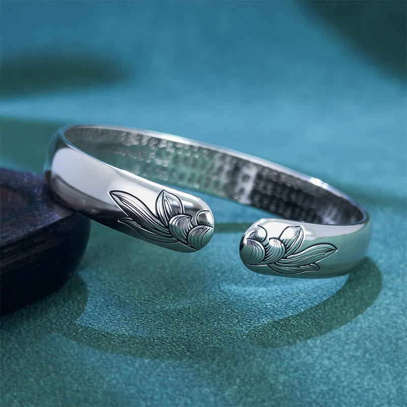 Bracciale rigido regolabile aperto in rame Buddha Stones, Sutra del cuore e loto, nuovo inizio - image 3