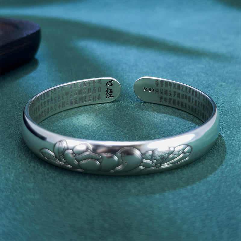 Bracciale rigido regolabile aperto in rame Buddha Stones, Sutra del cuore e loto, nuovo inizio - image 1