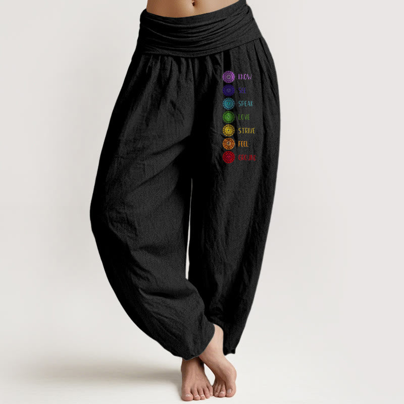 Pantaloni harem da donna in puro cotone con elastico in vita e stampa dei sette chakra con motivo Buddha Stones - Nero - US22, UK/AU26, EU54 (6XL) - image 0