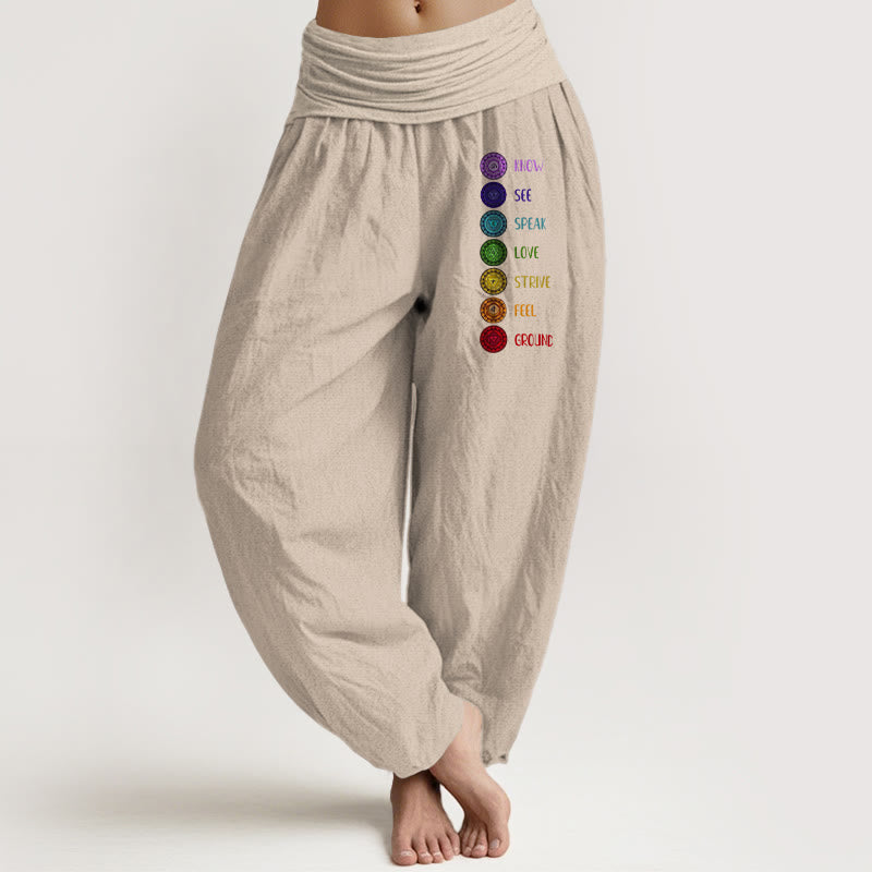 Pantaloni harem da donna in puro cotone con elastico in vita e stampa dei sette chakra con motivo Buddha Stones - Tan - US22, UK/AU26, EU54 (6XL) - image 11