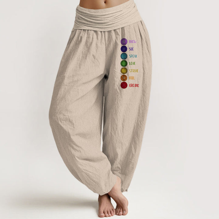 Pantaloni harem da donna in puro cotone con elastico in vita e stampa dei sette chakra con motivo Buddha Stones - Tan - US22, UK/AU26, EU54 (6XL) - image 11