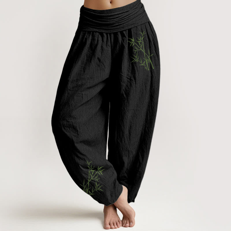 Pantaloni harem da donna in puro cotone con elastico in vita e stampa di bambù verde con motivo Buddha Stones - Nero - US22, UK/AU26, EU54 (6XL) - image 0