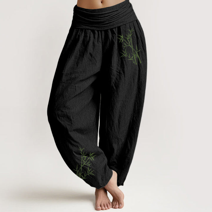 Pantaloni harem da donna in puro cotone con elastico in vita e stampa di bambù verde con motivo Buddha Stones - Nero - US22, UK/AU26, EU54 (6XL) - image 0
