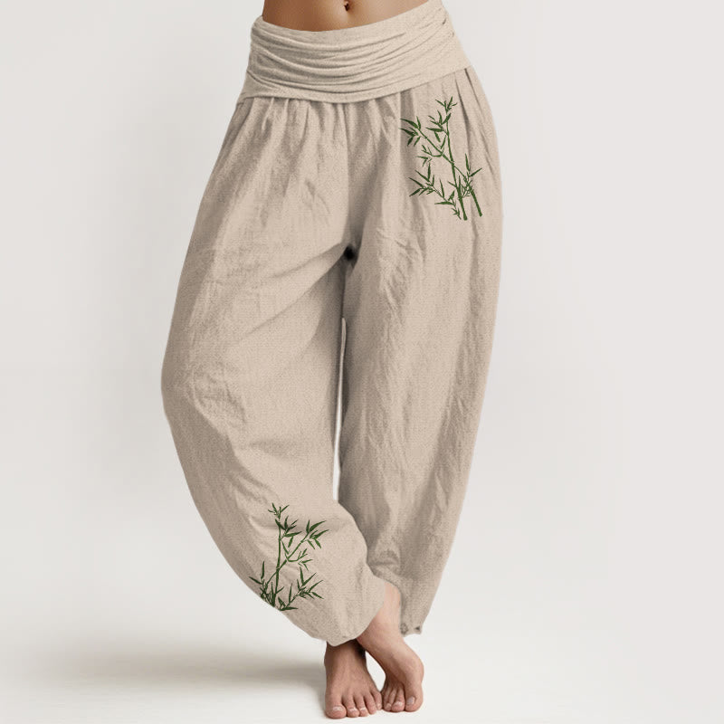 Pantaloni harem da donna in puro cotone con elastico in vita e stampa di bambù verde con motivo Buddha Stones - Abbronzatura - US22, UK/AU26, EU54 (6XL) - image 11
